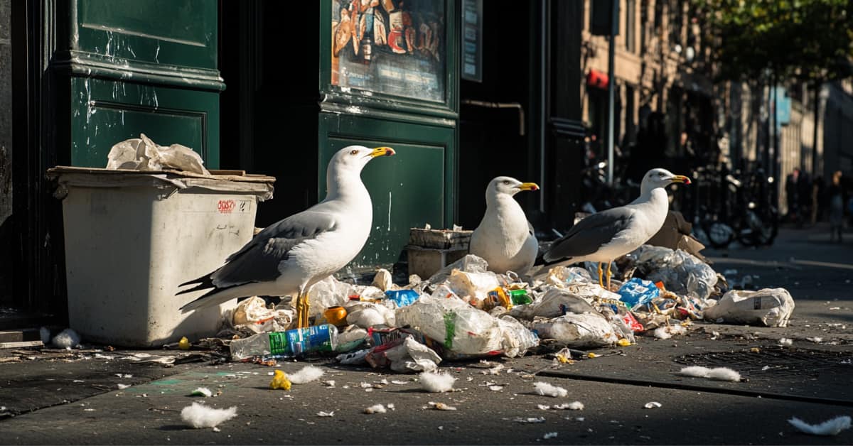 seagulls scavenging through garbage outside restaurant in NYC