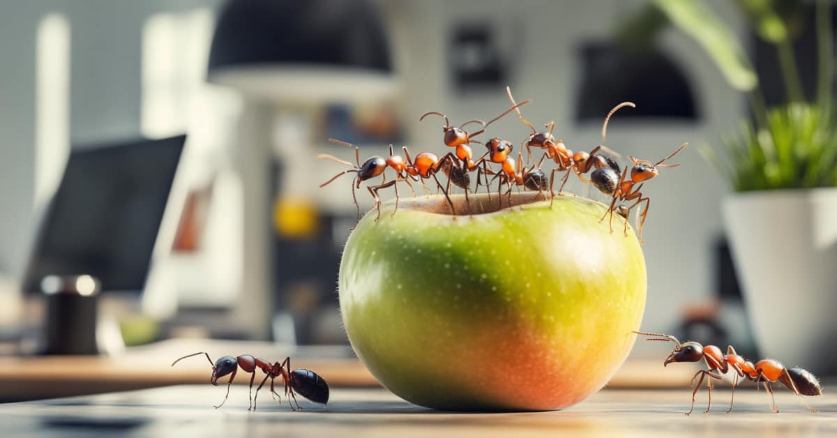 ants on an apple in an office