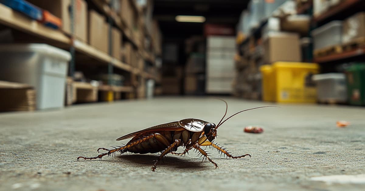 a cockroach on the floor in a commercial storage area