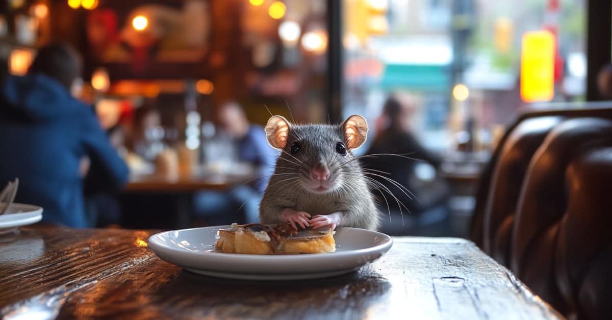 a rat eating food on a plate in a restaurant
