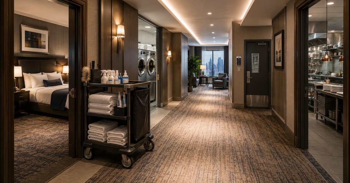NYC hotels schedule pest inspections for areas beyond the guest rooms, showing hotel hallway
