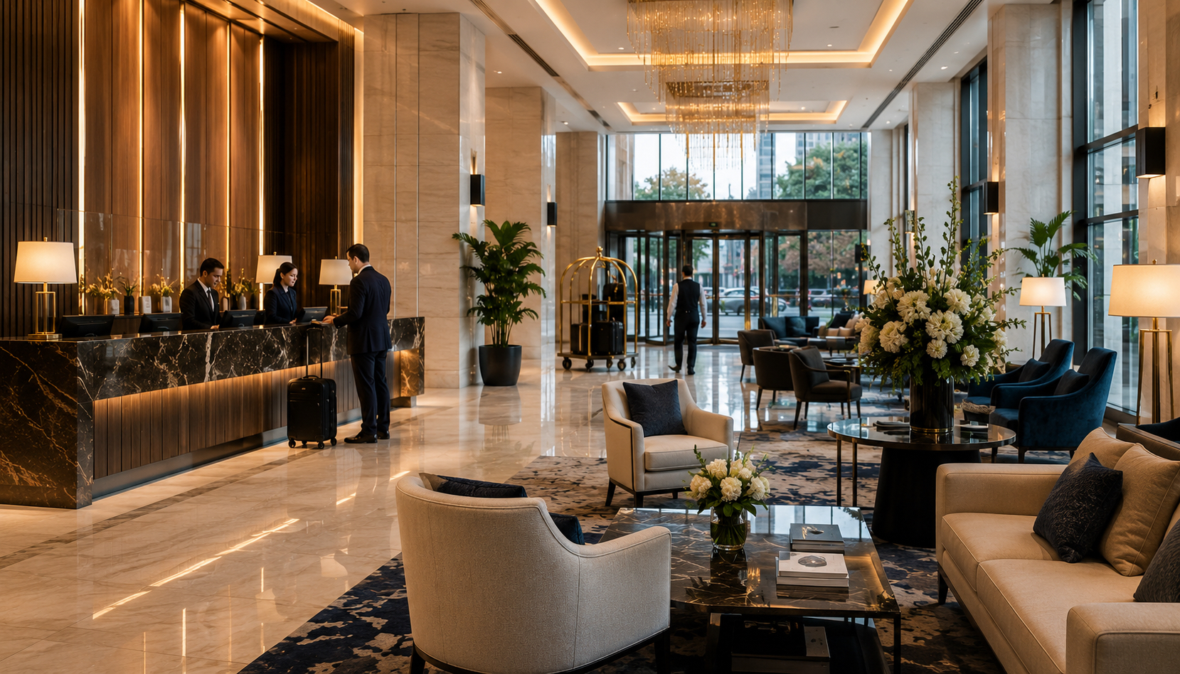How Pest Problems Can Affect Hotel Reviews and Guest Perception 1 hotel lobby, with guests, concept of how hotel reviews can be damaged by pest problems