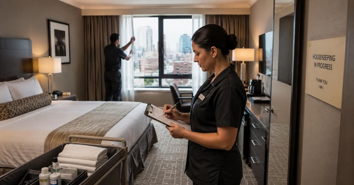 housekeeper checking hotel room, representing seasonal pest problems in Manhattan hotels to avoid